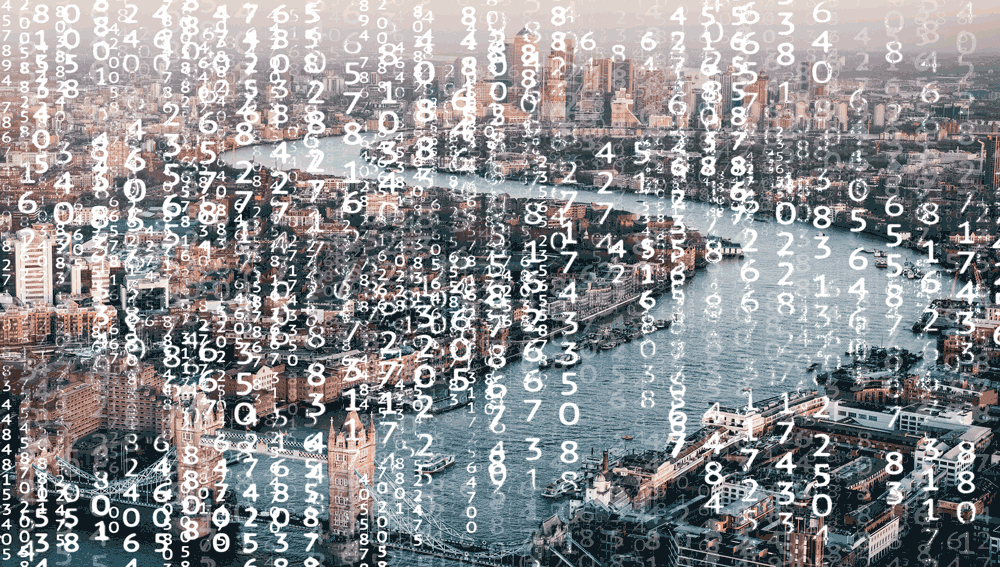 Programme of Change visualisation, matrix style numbers over London Thames